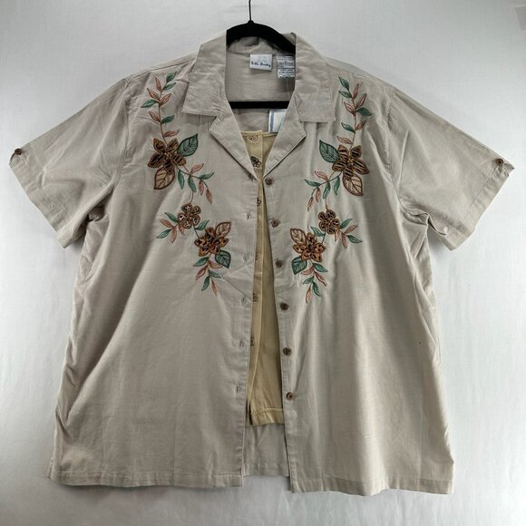Bobby Brooks Layered Button Up Shirt Women XL Short Sleeve Flower Embroidery - Picture 2 of 13